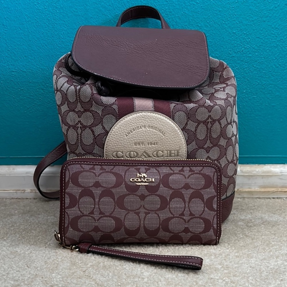 Coach Burgundy and Cream Backpack and Wallet Set